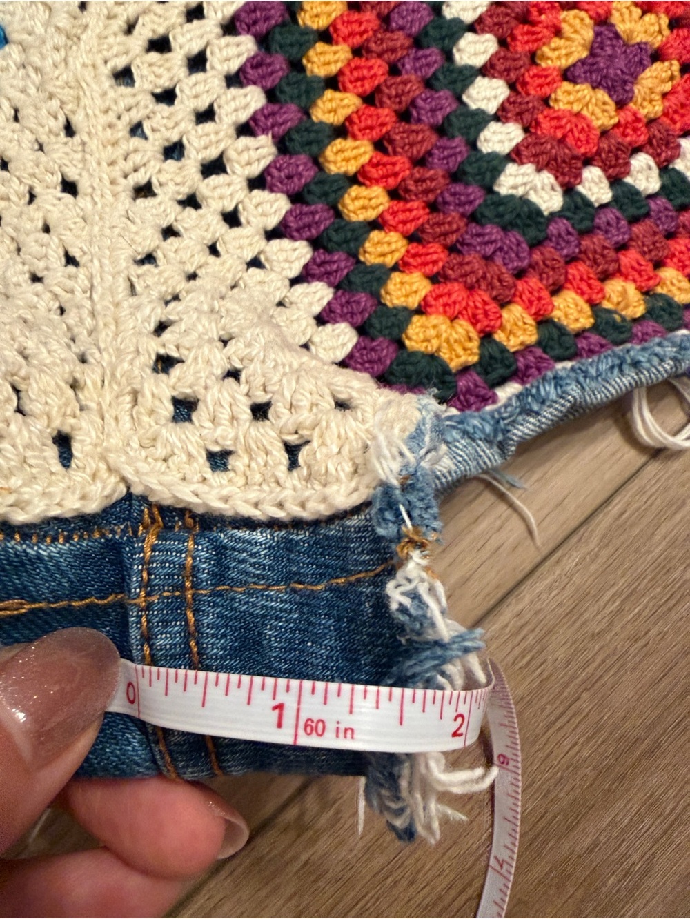 Farm Rio for Anthro Multicolor Crochet Patch High-Rise 100% cotton Denim Shorts - Picture 8 of 11